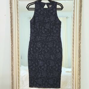 Vince Camuto Navy Floral Lace And Sequin Midi Dress